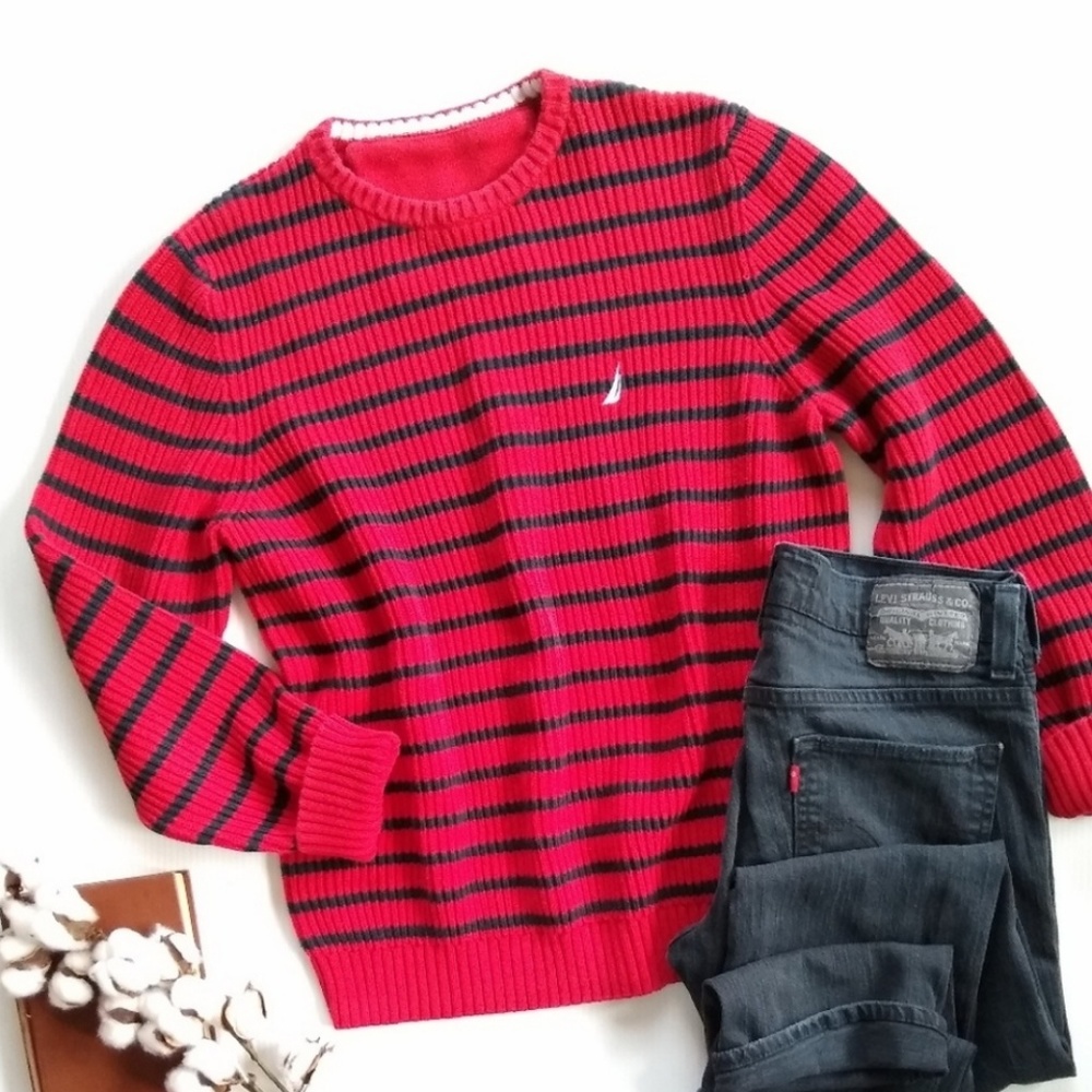 NAUTICA chunky oversized red stripe knit sweater